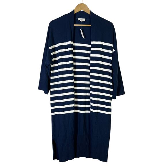NWT LOFT Open Front Cardigan Womens M Navy Blue Striped 100% Cotton Coastal - Picture 3 of 8